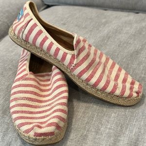 Toms red & white striped shoes, women’s size 8